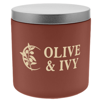 Terracotta cement candle with a branded logo.