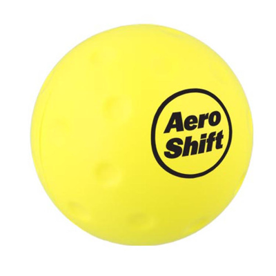 Yellow foam stress ball with a branded imprint.