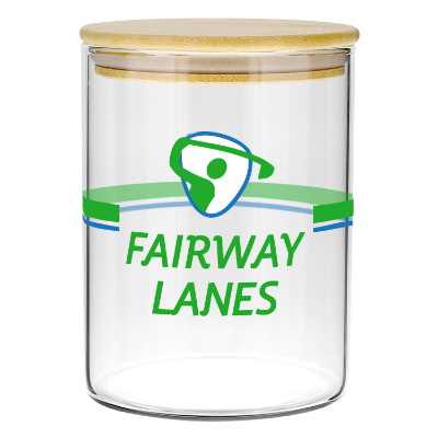 Clear glass jar with a personalized imprint.