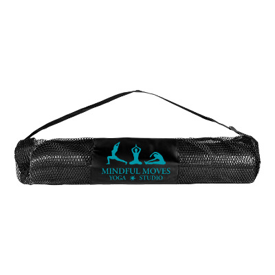Black yoga mat with custom logo on case.