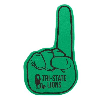 Green foam finger with a personalized logo.