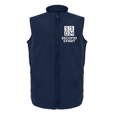 Navy vest with custom logo.