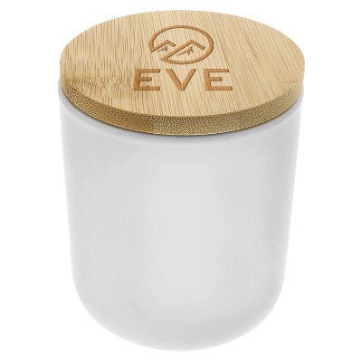 White ceramic candle with a branded imprint.