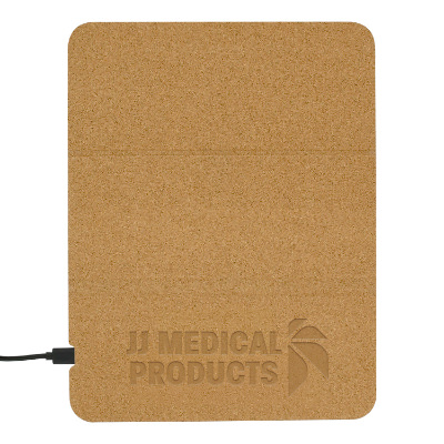 Natural cork mouse pad with a branded logo.