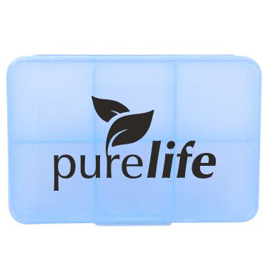 Plastic blue pill box with a personalized logo.