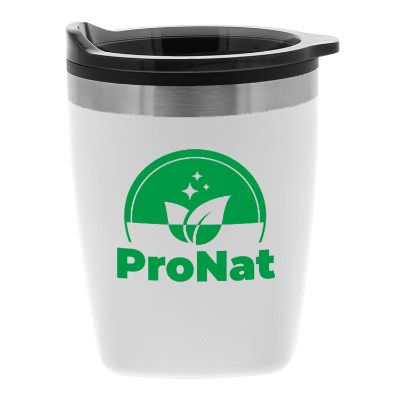 White tumbler with custom logo.