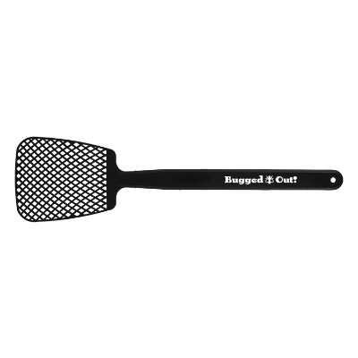 Black polyethylene fly swatter with a customized logo.