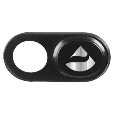 Aluminum black webcam cover with a custom logo.
