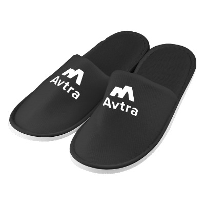 Black slippers with custom one-color logo.