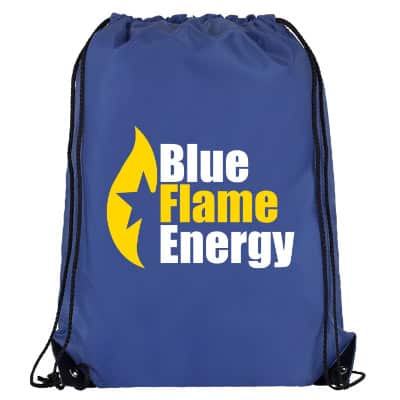 Polyester neon green drawstring bag with full-color logo and reinforced corners.