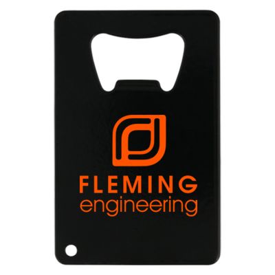 Metal black business card bottle opener with custom imprint.