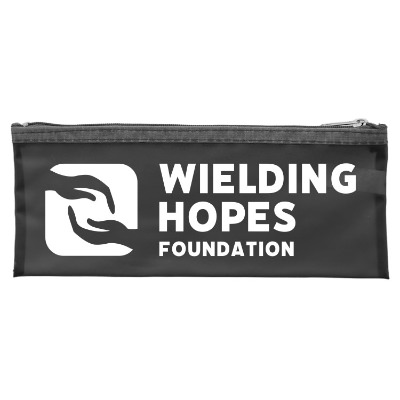 Charcoal vinyl first aid kit with a personalized logo.
