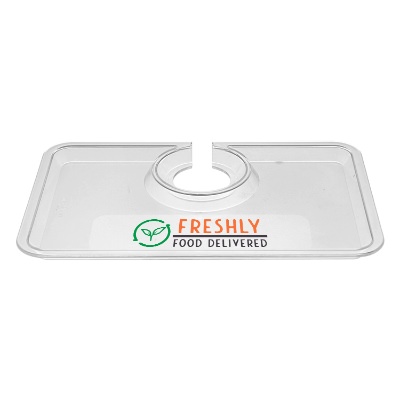 Clear crystal styrene snack tray with personalized full color promotional logo.