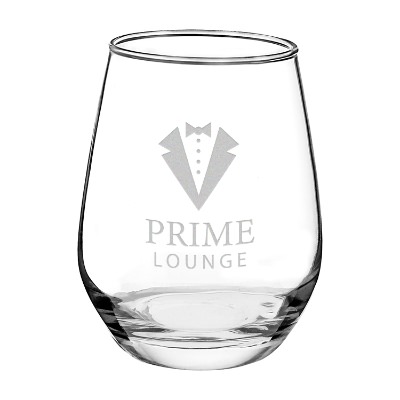 Clear wine glass with engraved logo.