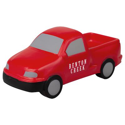 Foam red pickup truck stress ball imprinted with logo.