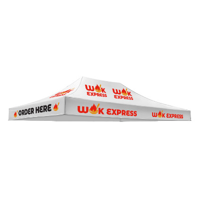 White 15-ft. tent canopy with custom imprint in 11 locations.