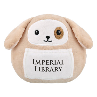 Cream plush animal with a personalized logo.