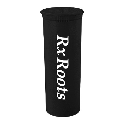 Black vial with custom logo.
