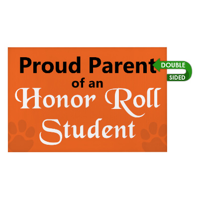 White plastic yard sign with a personalized logo.