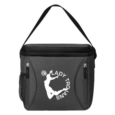 Gray polyester cooler with a custom logo.