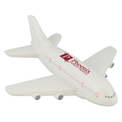 Foam airplane stress ball with a printed logo.