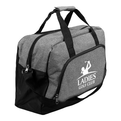 Heather gray gym bag with black accents and white imprint.