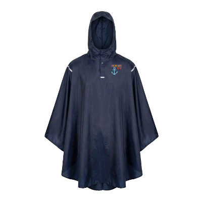 Blue embroidered custom packable poncho.