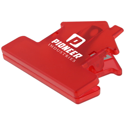 Plastic translucent red house chip clip with print.