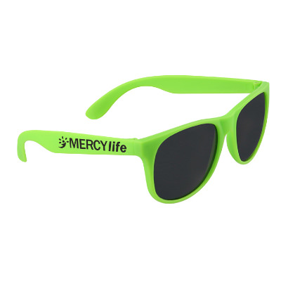 Polypropylene green sunglasses with custom printed logo.