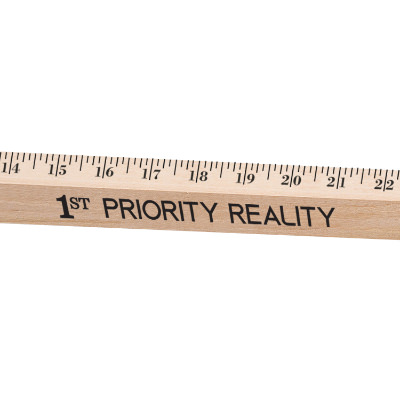 Imprinted walking wood yardstick with leather strap.