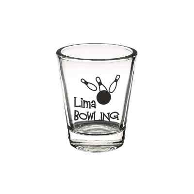 Glass clear shot glass with branding in 1.75 ounces.