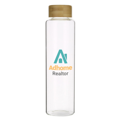 Glass water bottle with custom full color logo in 18.6 oz.