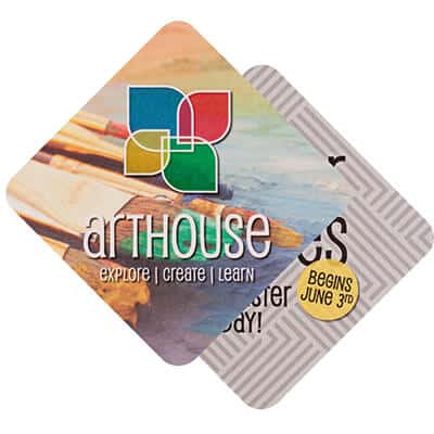 High quantity pulpboard square coaster with custom imprint.