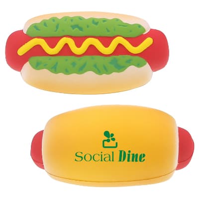 Foam hot dog stress relievers printed with logo.