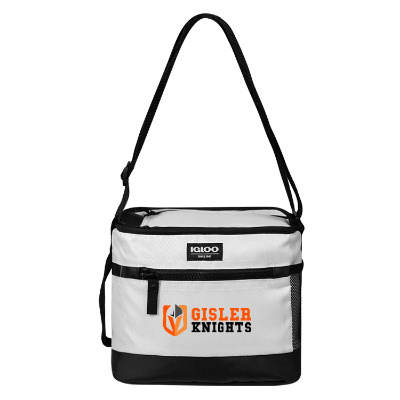 White polyester cooler with a branded logo.
