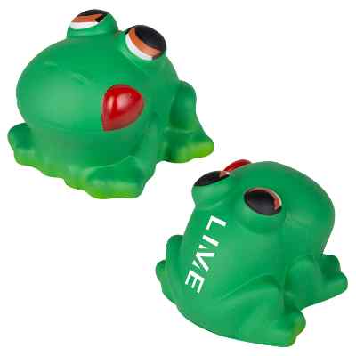 Foam happy frog stress ball with custom imprint.