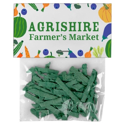 Green plastic branded seeded packet.
