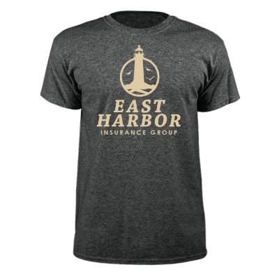 Dark heather imprinted custom logoed short sleeve shirt.