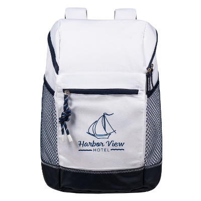White nylon cooler with a custom imprint.