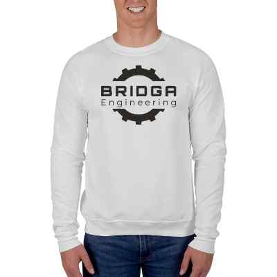 White crewneck sweatshirt with personalized logo.
