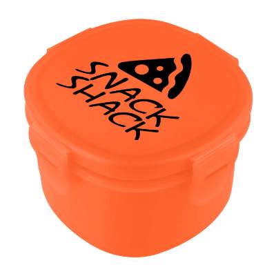 Translucent orange snack-in container with custom printed logo.