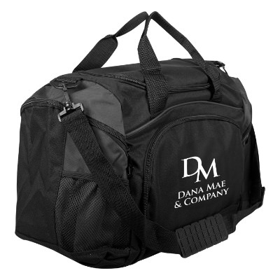 Black gym bag with mesh pocket and white custom imprint.