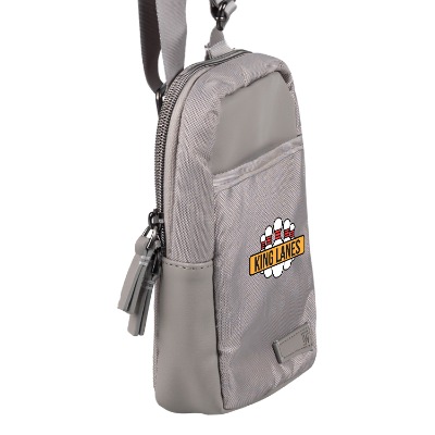 Taupe crossbody bag with custom full-color imprint.