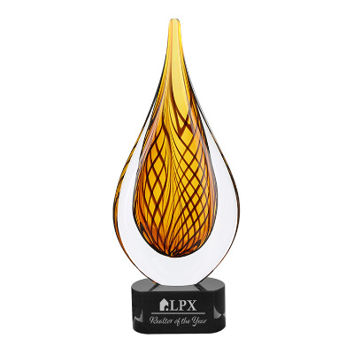 Glass award with custom laser engraved imprint.