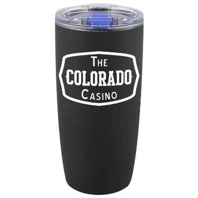 Plastic black tumbler with personalized logo in 19 ounces.