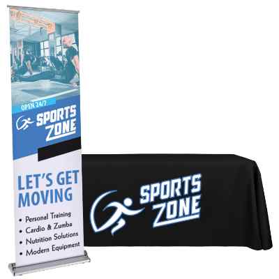 Custom polyester table cover, 24"W x 83"H inch custom banner stand banner stand package.