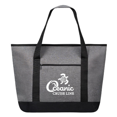 Gray polyester cooler with a custom logo.