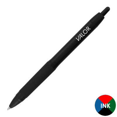 Black plastic pen with a personalized imprint.