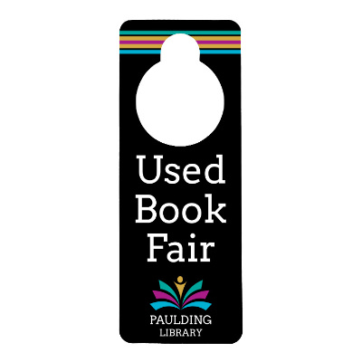 White plastic door hanger with a branded logo.