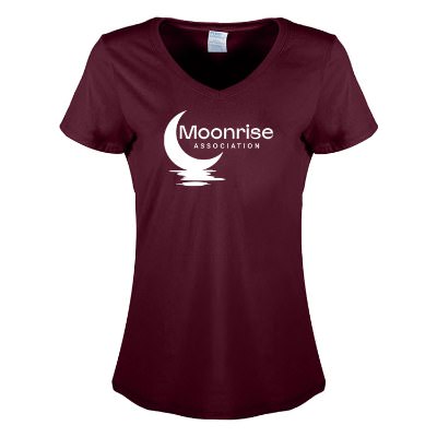 Athletic maroon women's tee with custom logo.